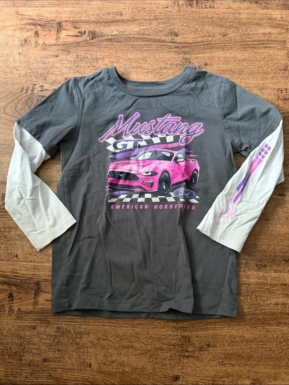 Ford Gray Long Sleeve Tee with Pink Mustang Graphic and White Layered Sleeves